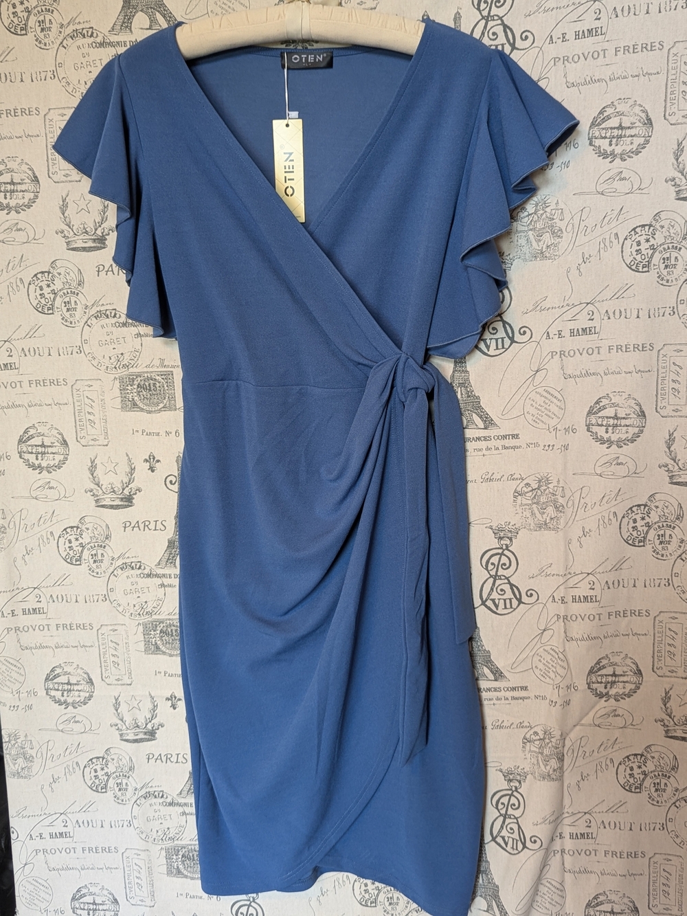 Dusty Blue Faux Wrap Midi Dress with Flutter Sleeves Size Large NWT